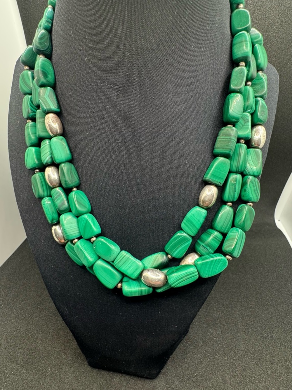 Triple-Strand Green Stone Necklace with Silver Accents